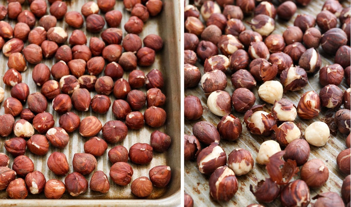 hazelnuts on pan and roasted with cracked skins.