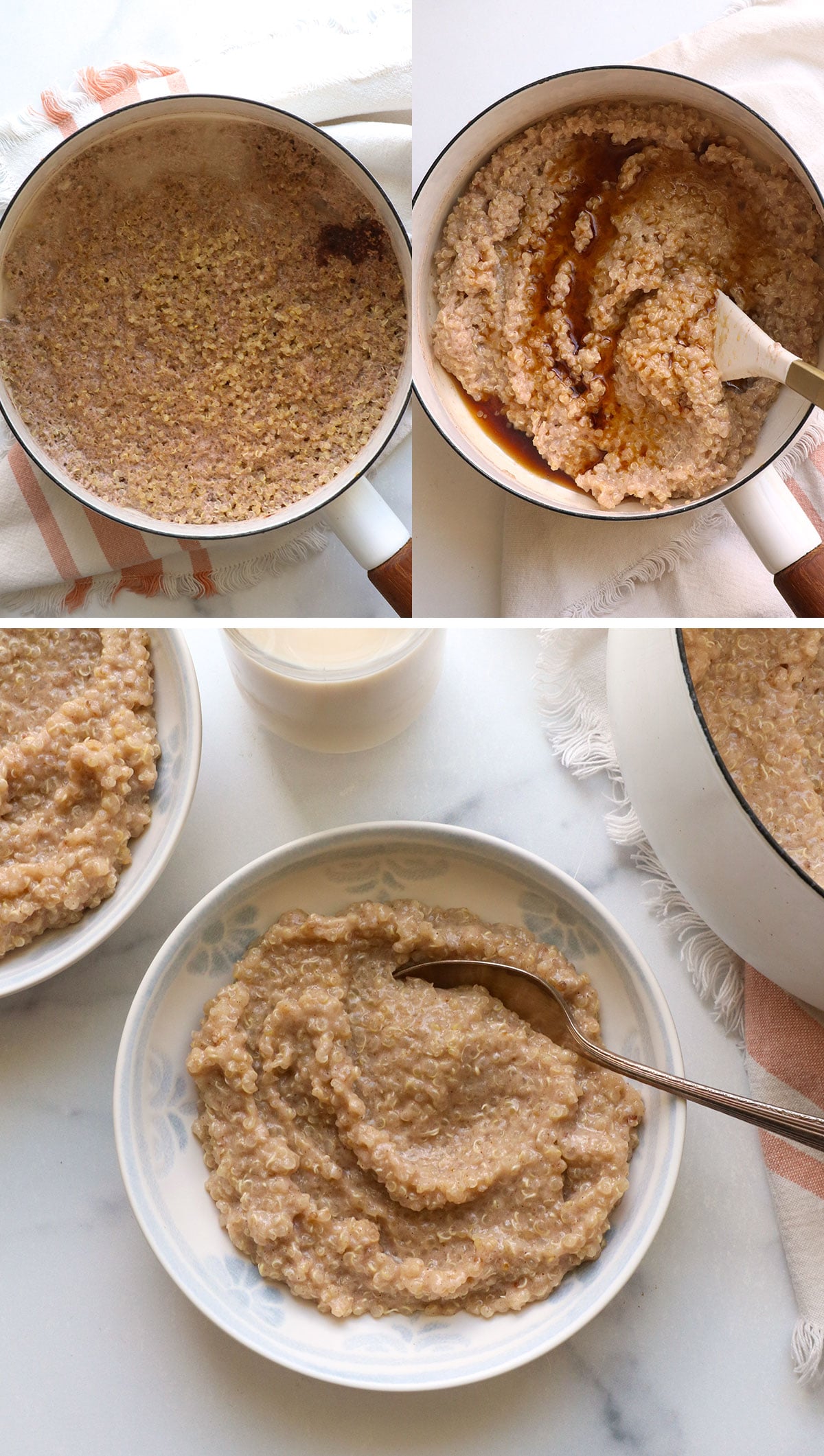 cooked quinoa porridge with maple syrup added in.