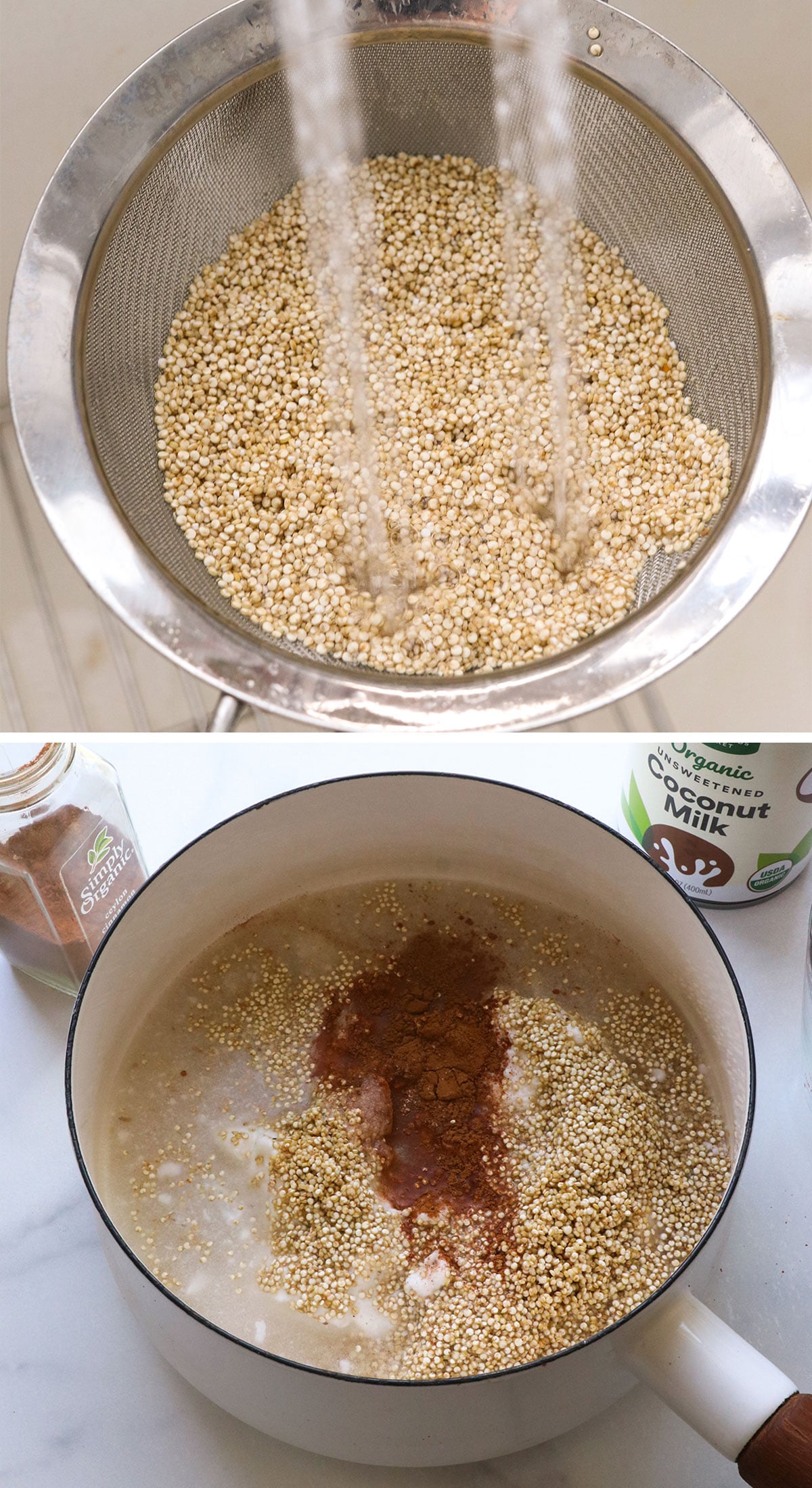 quinoa rinsed and added to a pot with coconut milk and cinnamon.