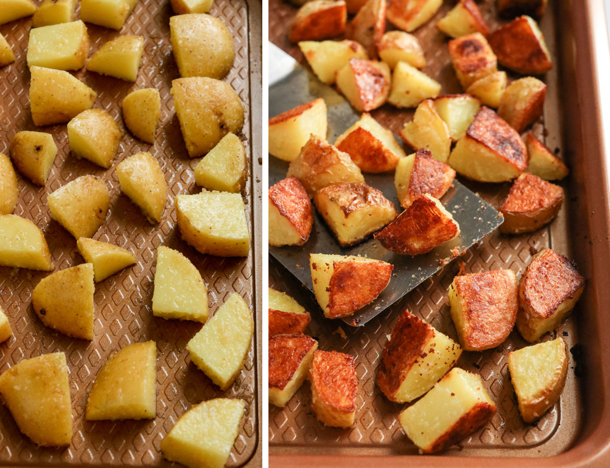 potatoes roasted on baking sheet until golden