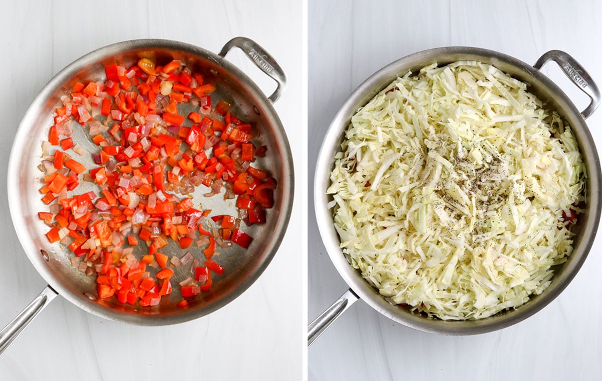 peppers, onions, and cabbage in large saute pan