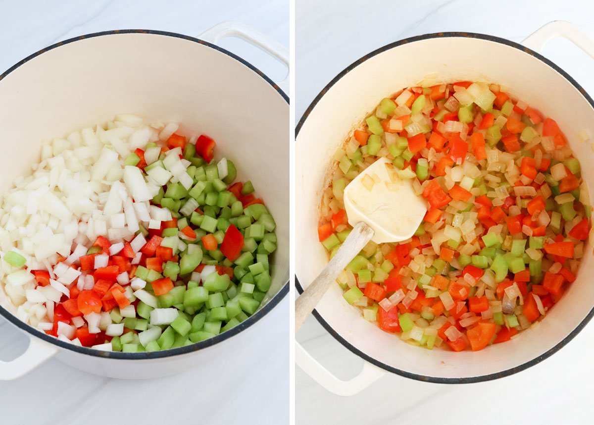 sauteed veggies for chili in white pot