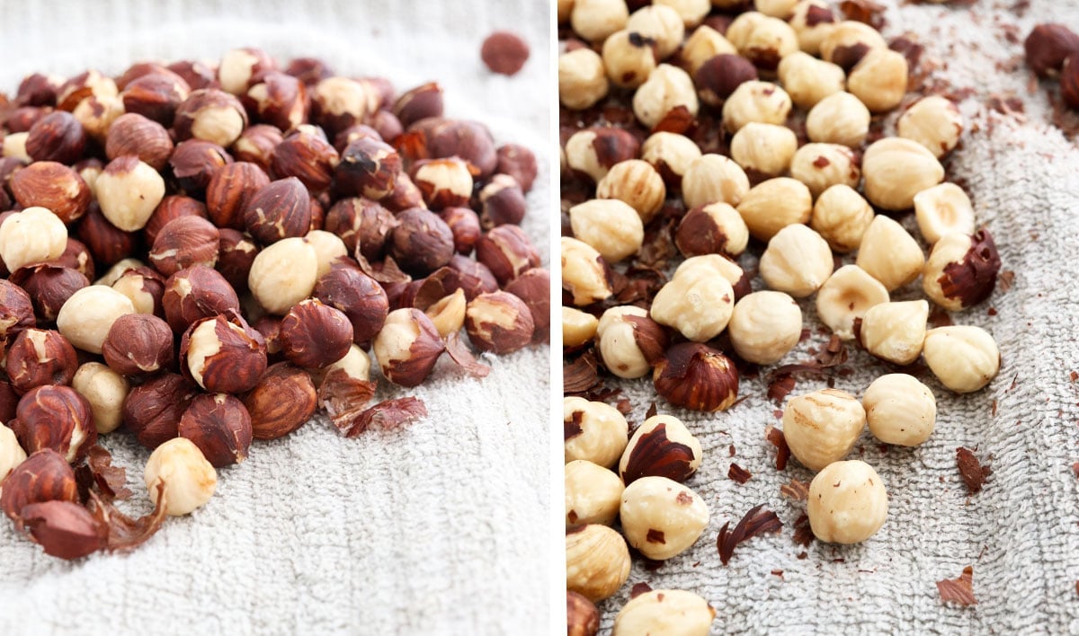 hazelnuts rubbed in a towel to remove skins.