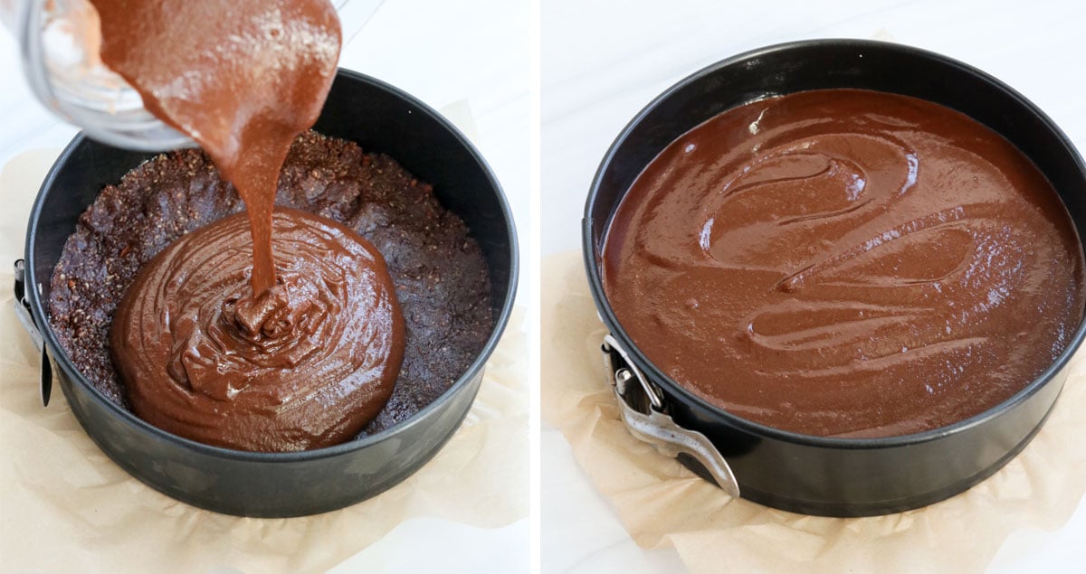 chocolate filling poured into pan.
