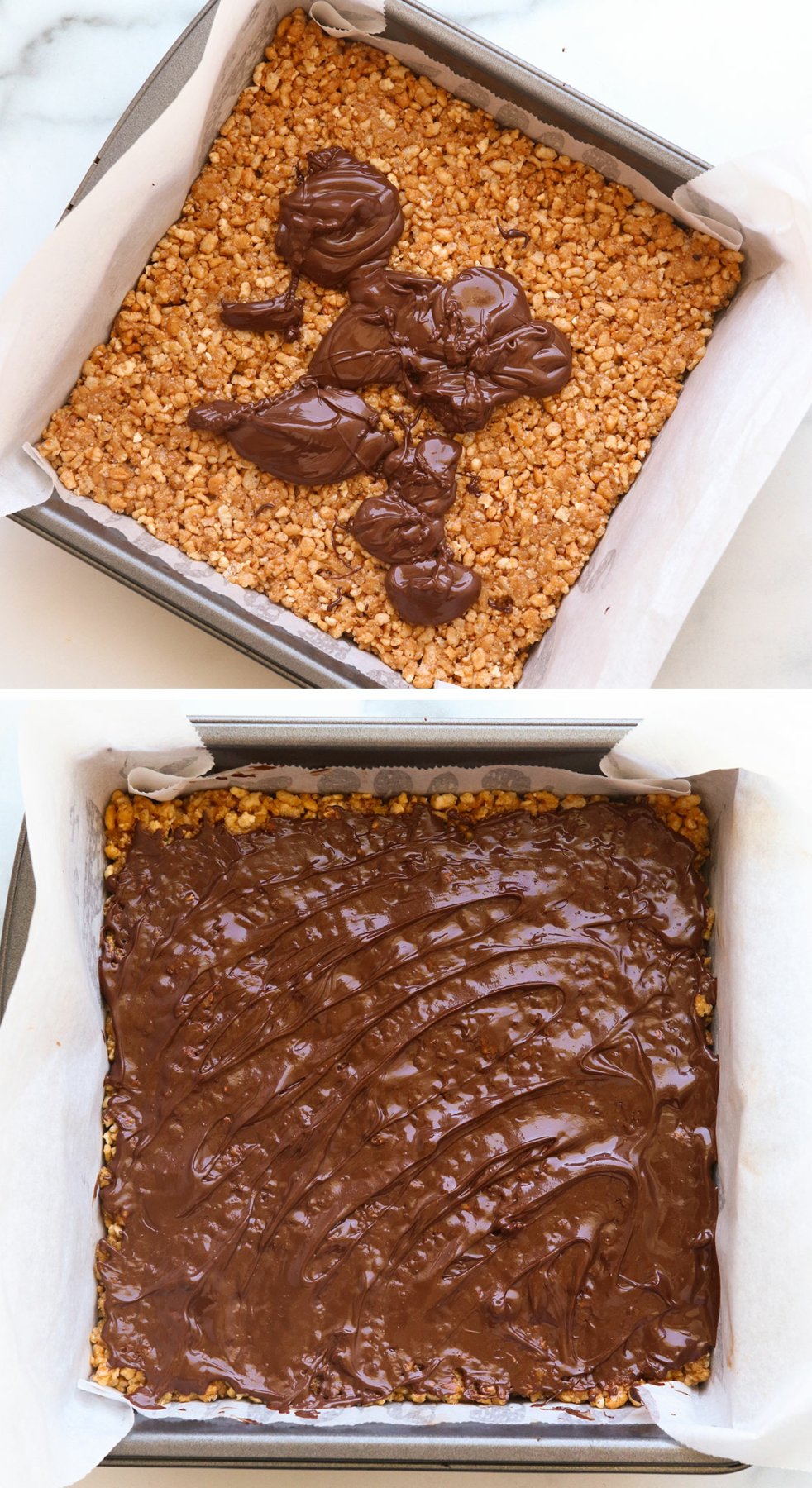 melted chocolate spread over rice crispy treats.