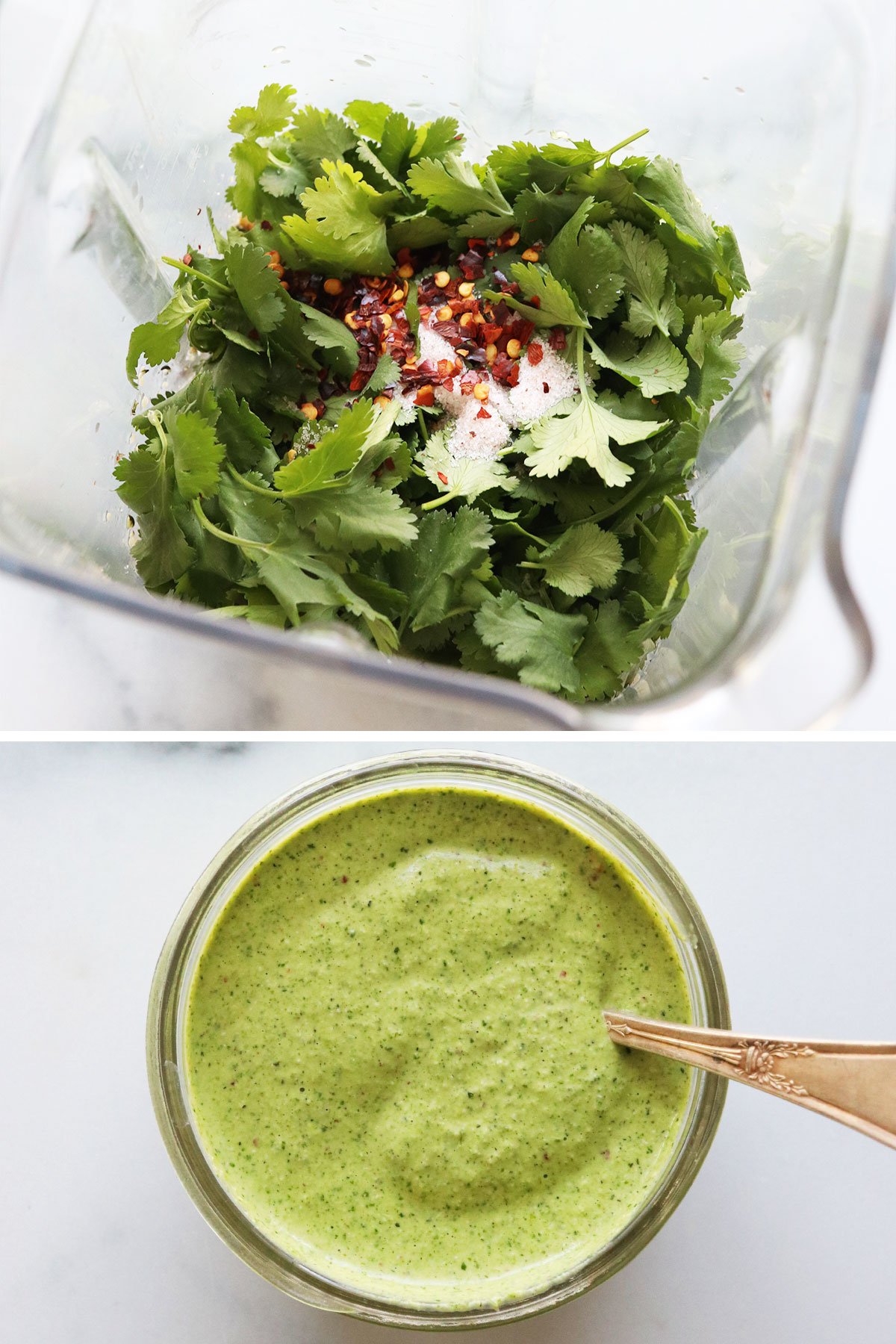 cilantro sauce before and after blending.