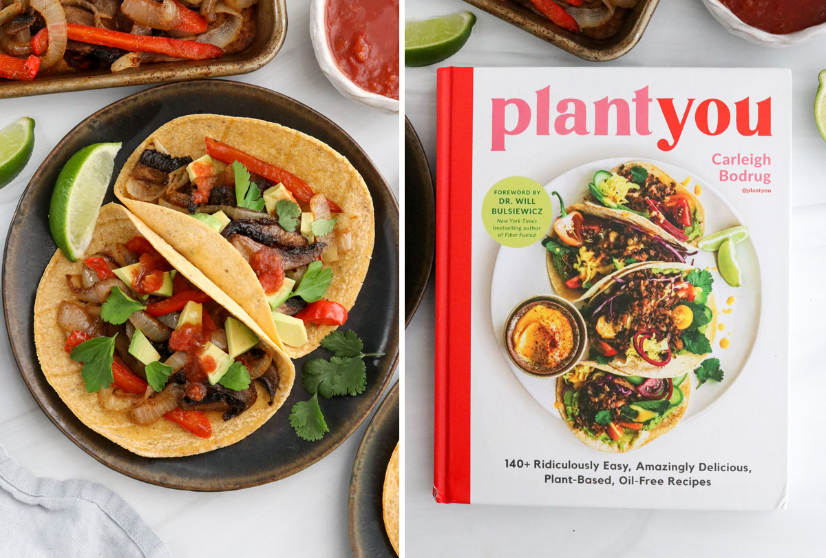 vegan fajitas next to a copy of the PlantYou cookbook.