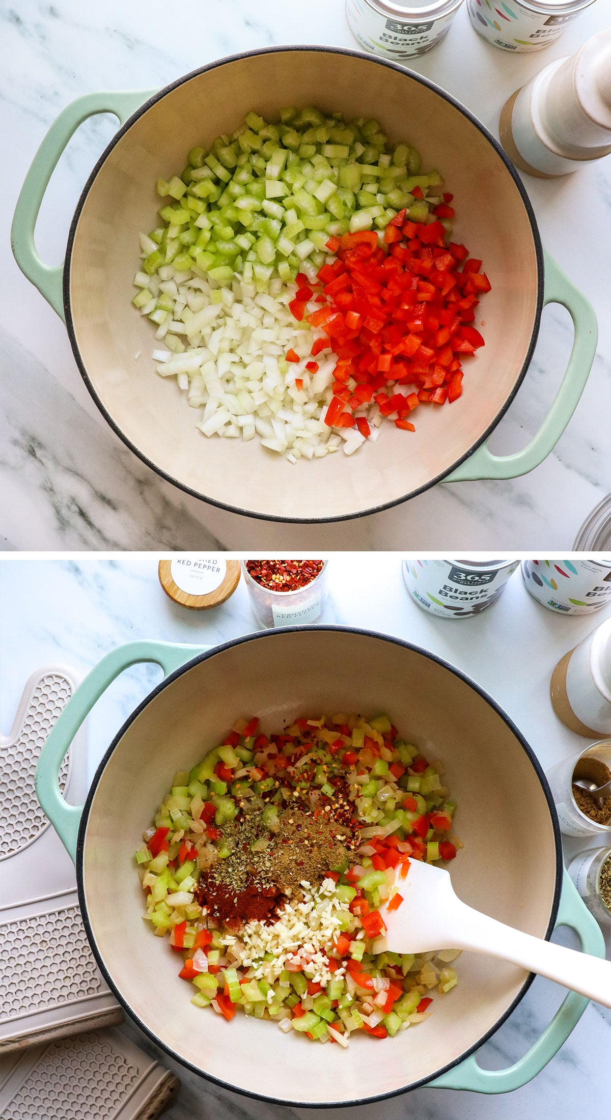 onion, carrot and celery sauteed in a pot with spices added.