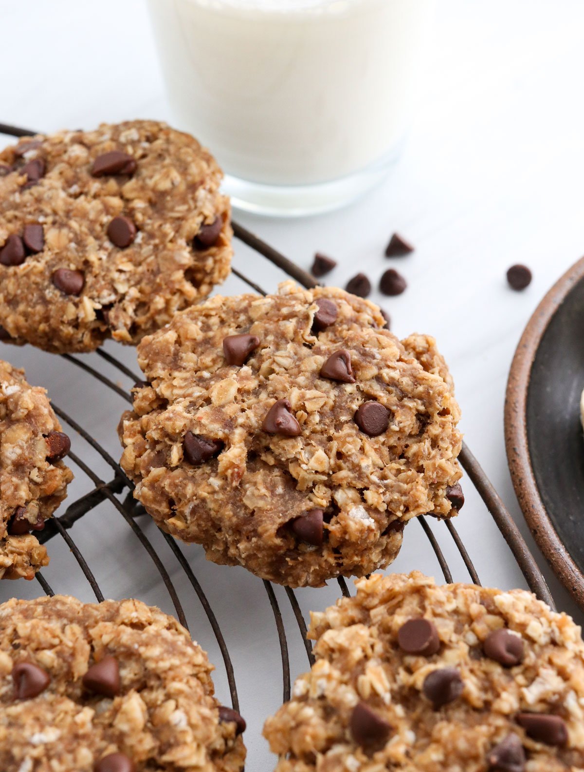 banana oatmeal cookie close up on cooling rack.