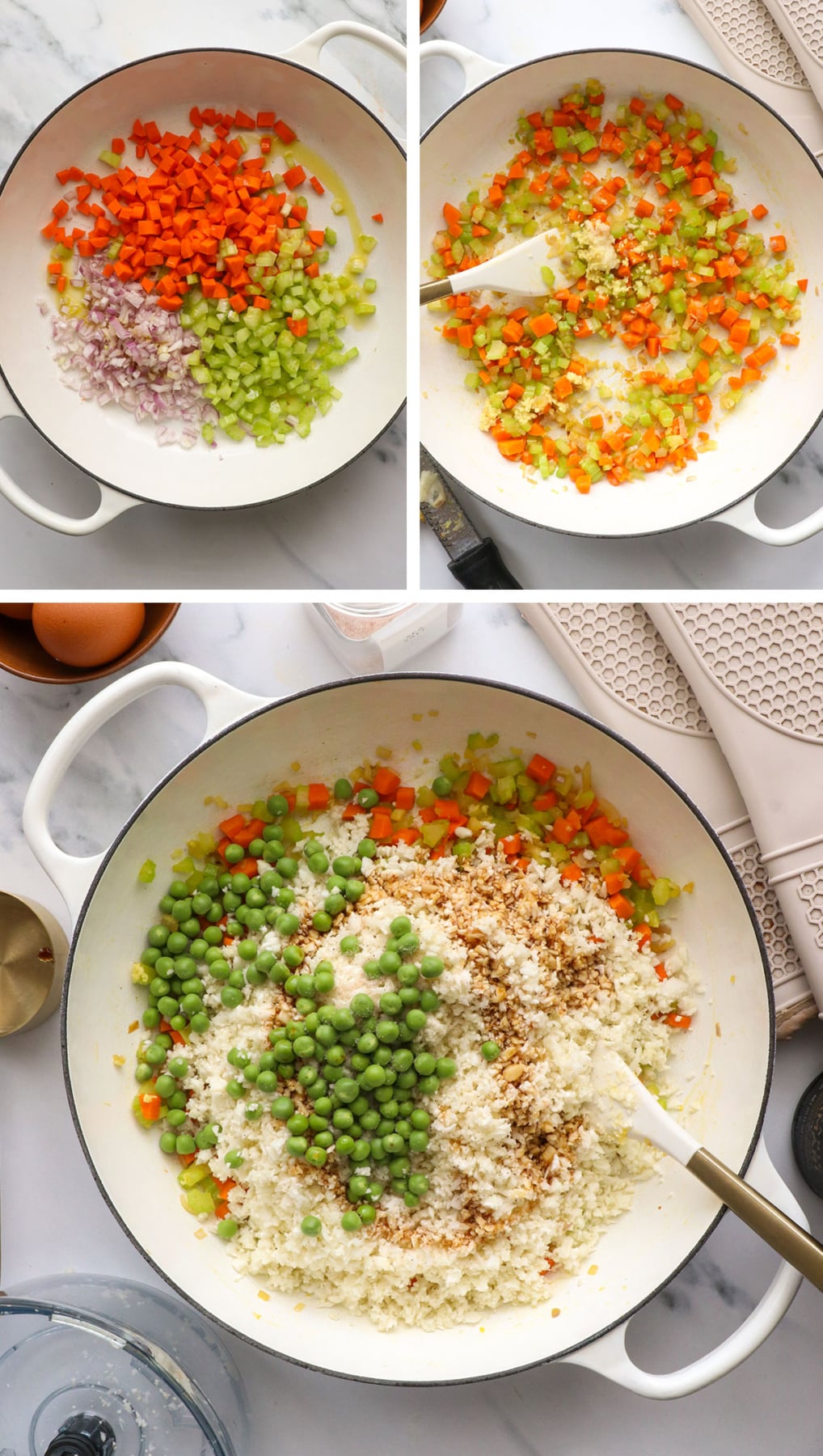 carrot, onion, and celery cooked in a pan with cauliflower rice and peas added in. 