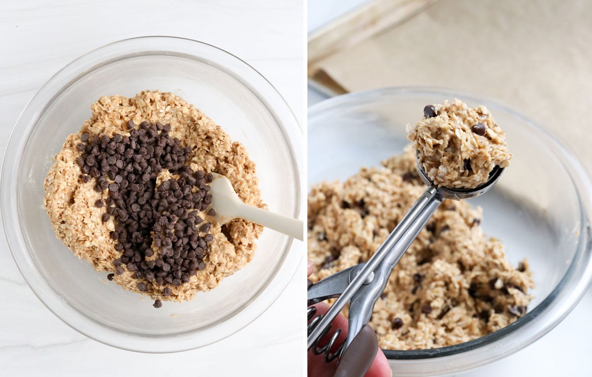 chocolate chips added to cookie dough and scooped.