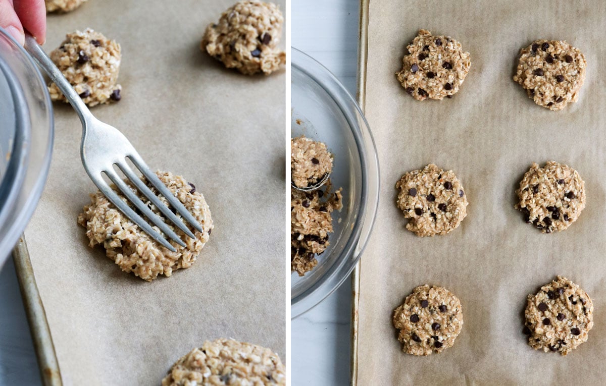 banana oatmeal cookies flattened with fork on pan.