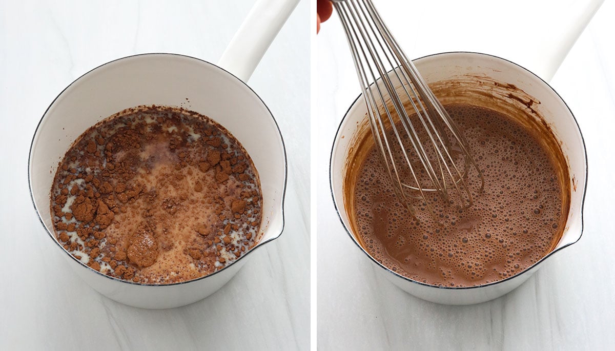 cocoa powder and almond milk mixed in a white saucepan.