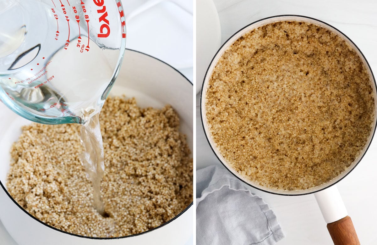 water added to quinoa in pot.