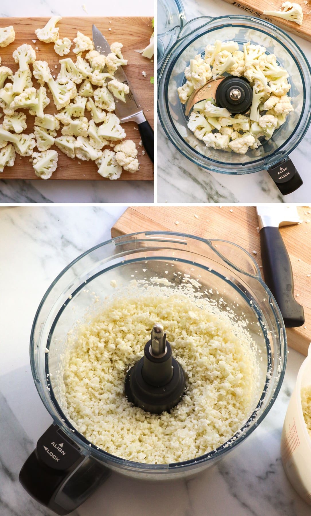 cauliflower florets riced in a food processor with an s-blade.