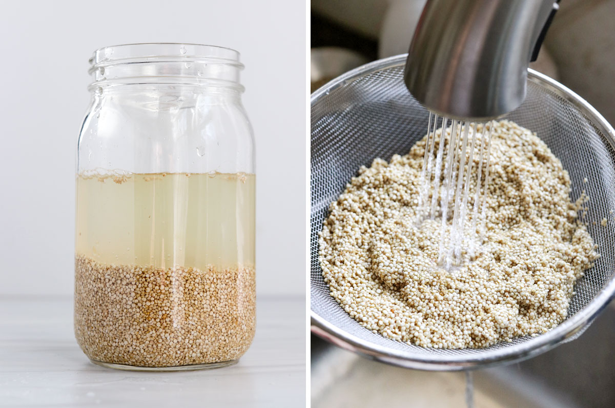 quinoa rinsed and soaking in a jar.