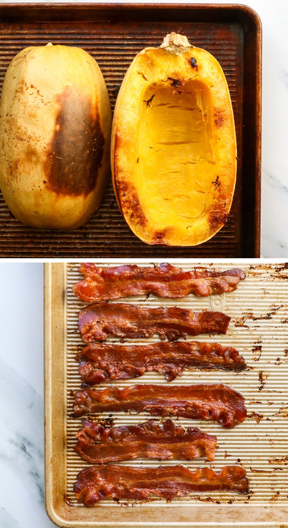 squash and bacon cooked on two separate sheet pans.