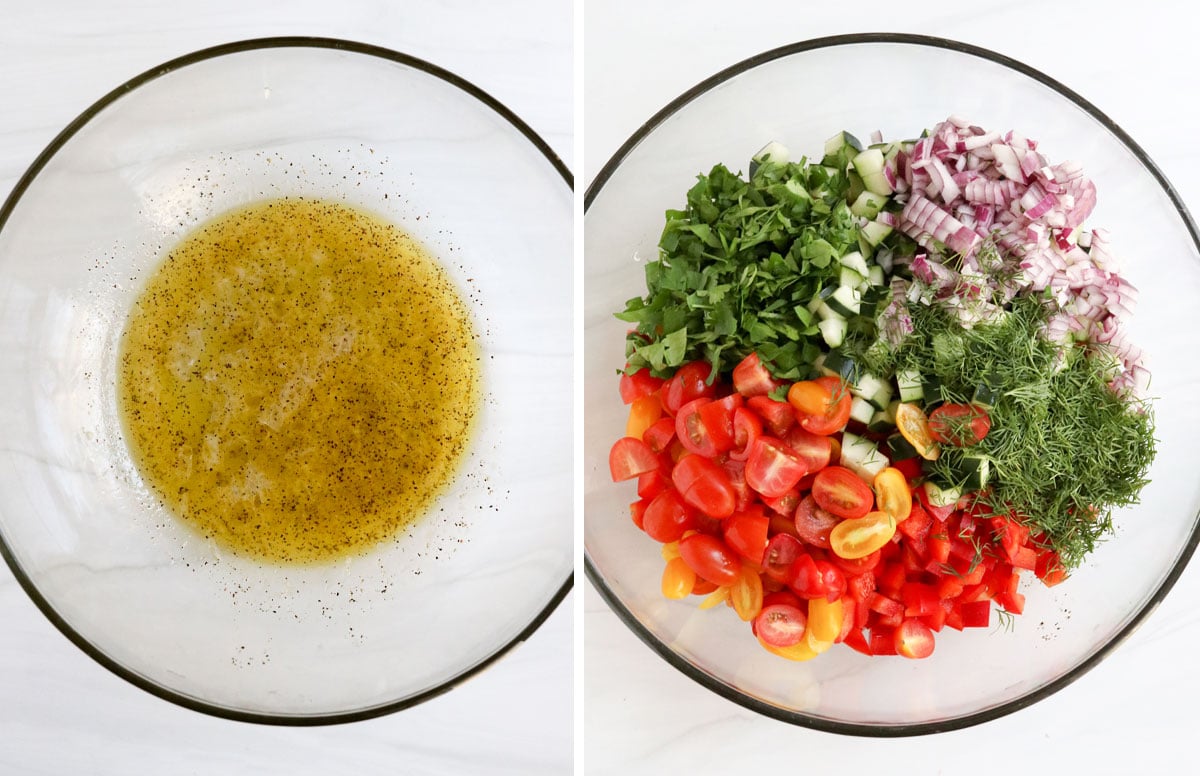 dressing and veggies added to glass bowl.