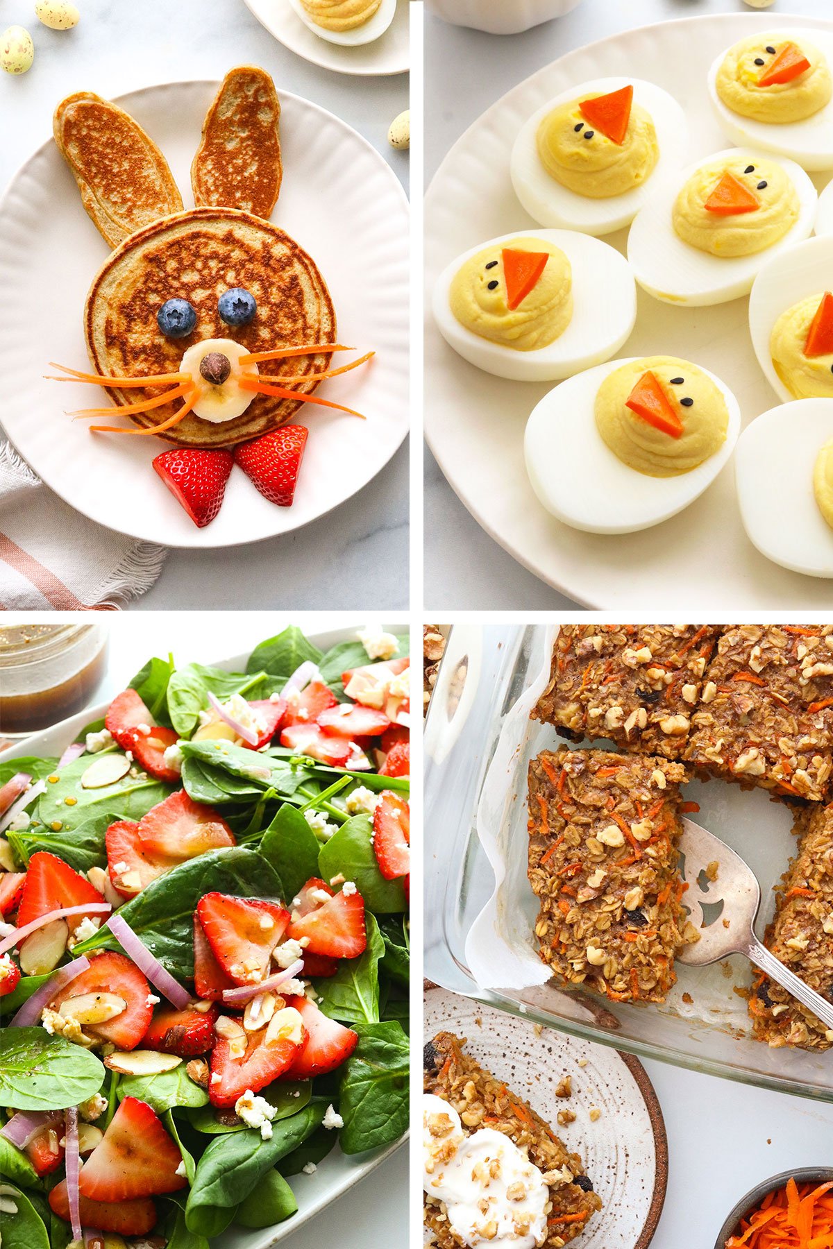 easter recipe round-up including bunny pancakes, Easter deviled eggs, salad and carrot cake baked oatmeal.