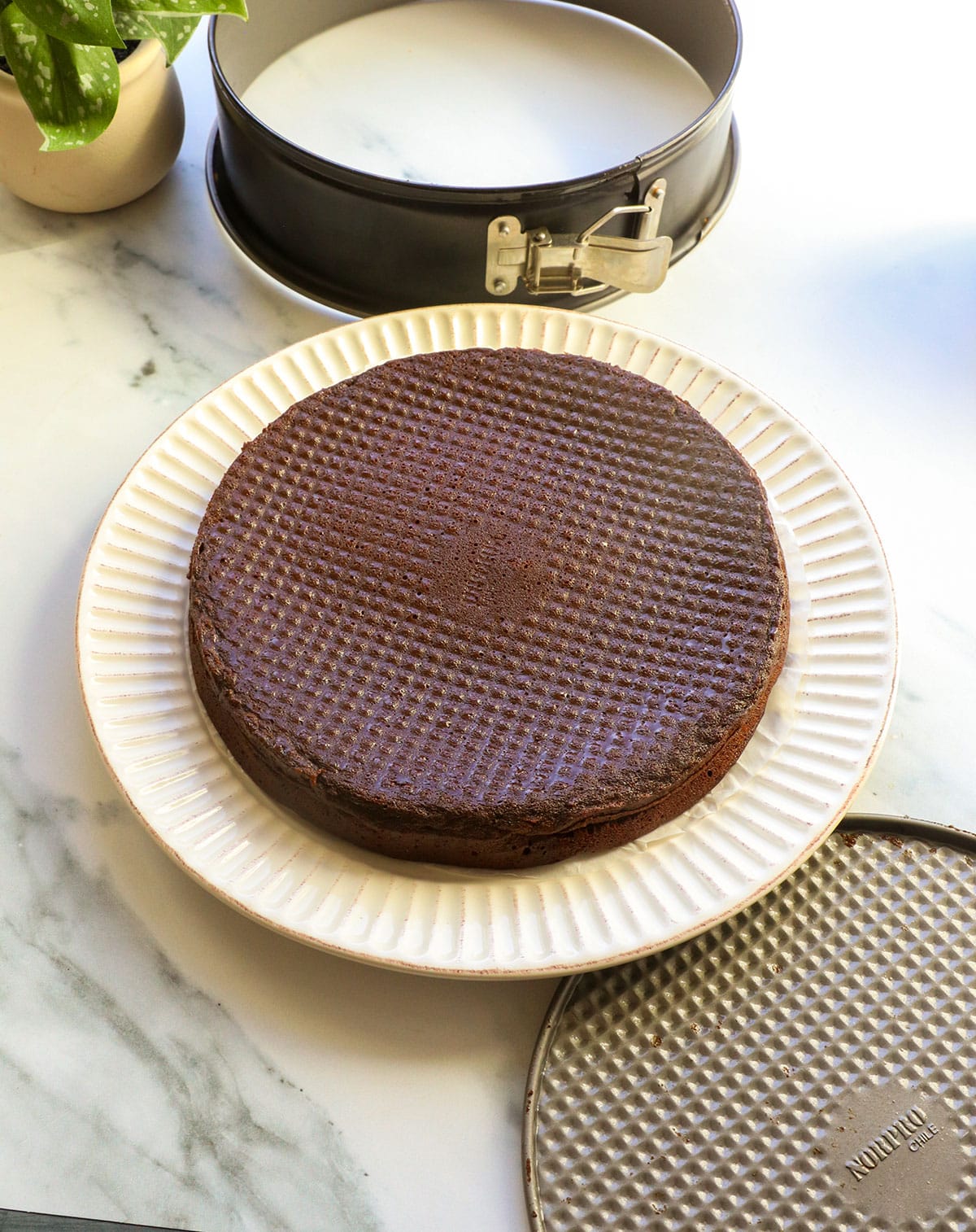 flourless cake flipped onto a plate so you can see the pattern on top from the pan.