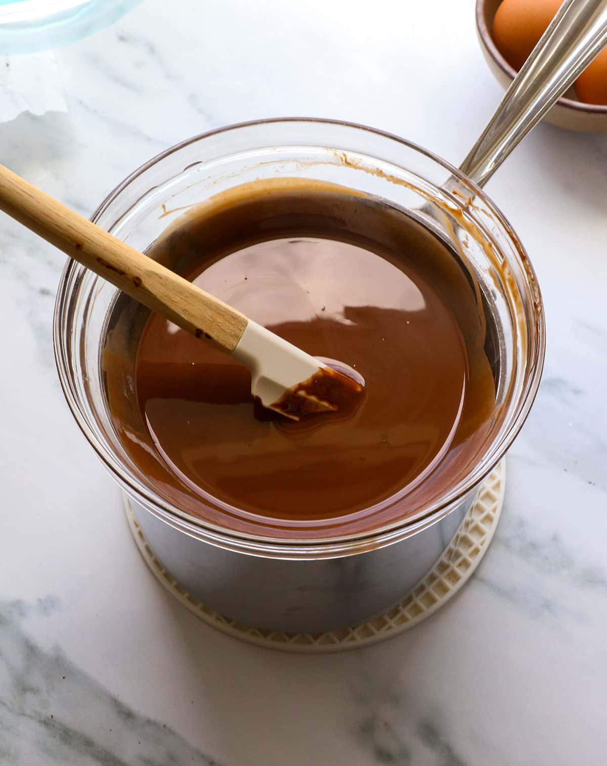 chocolate and oil melted in a double boiler setup.