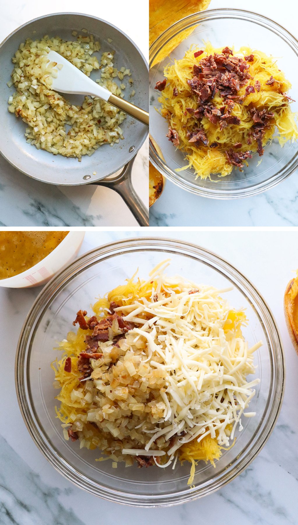 onion cooked in pan and added to bowl of spaghetti squash with bacon and cheese.