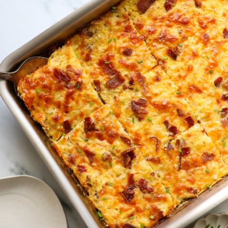 breakfast casserole made with spaghetti squash in a steel pan.