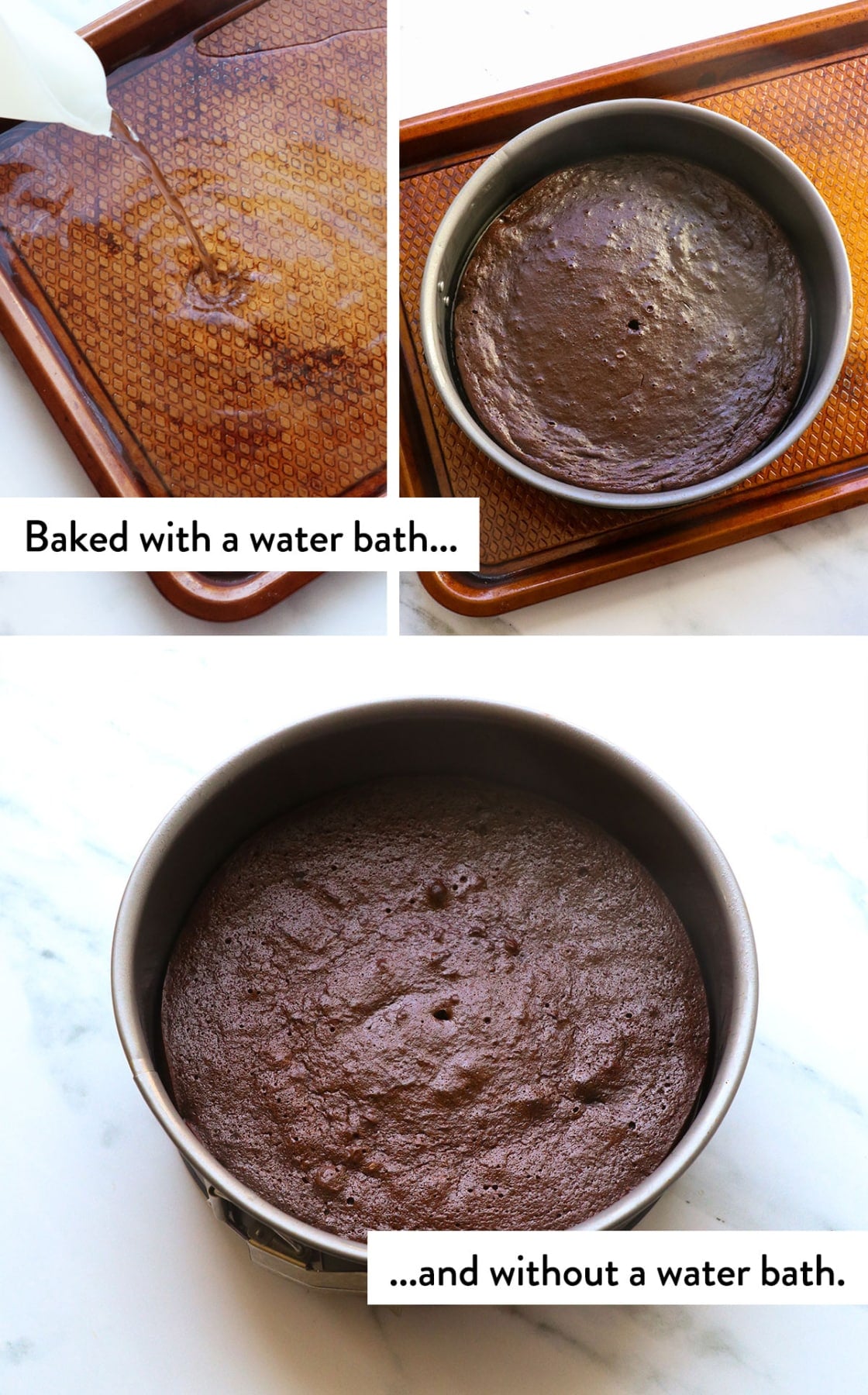 flourless cake baked with and without a water bath to show the texture in the pan.