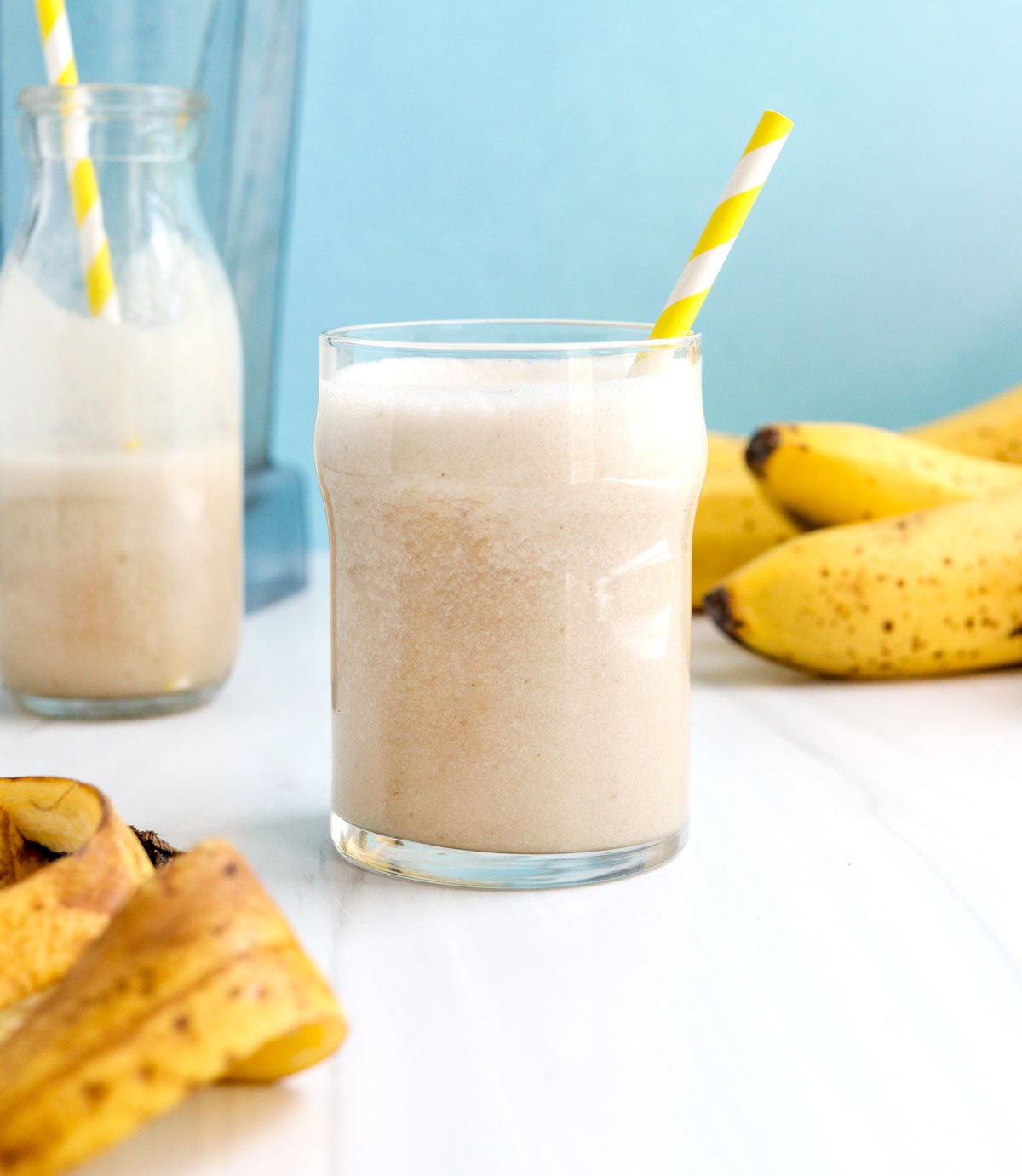 banana milk with blue background.