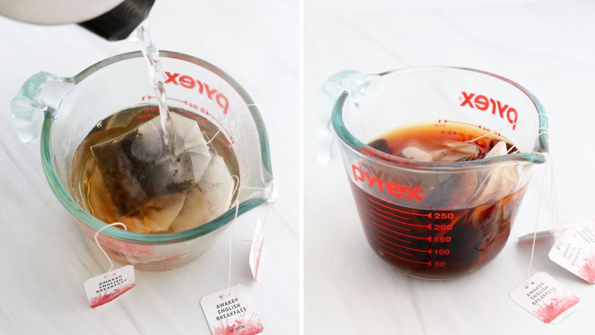 black tea brewed in measuring cup.
