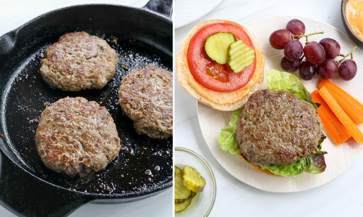 cooked beef and lentil burgers served on bun.