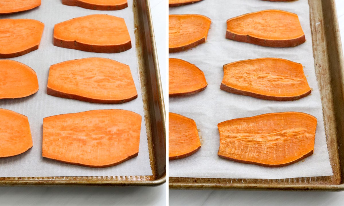 sweet potato slices baked on pan.