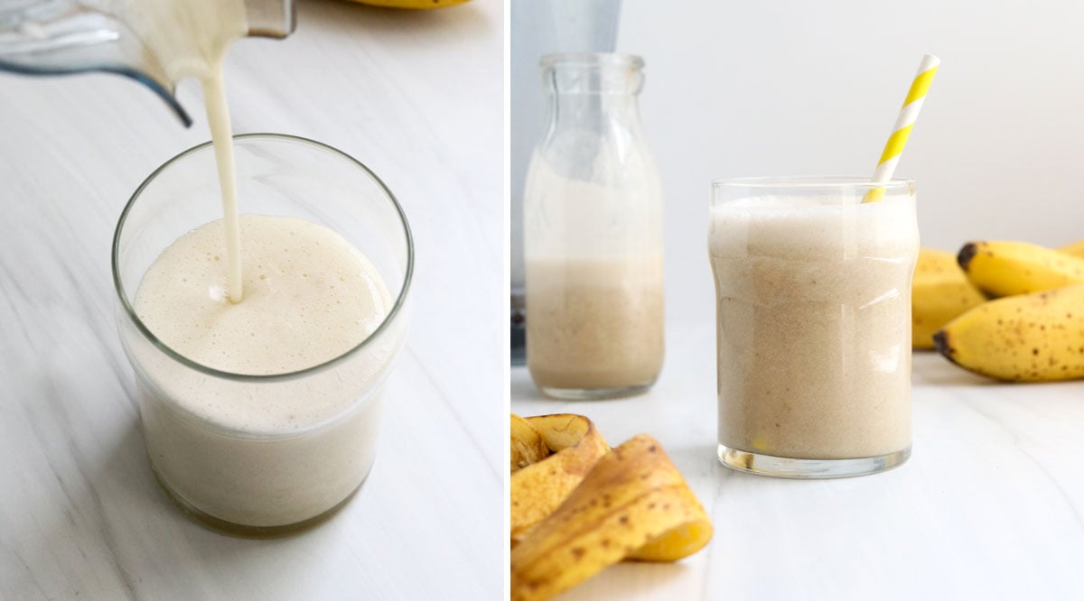 banana milk poured into a glass.