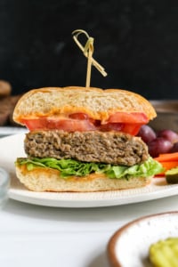 healthy burger sliced in half with toothpick.