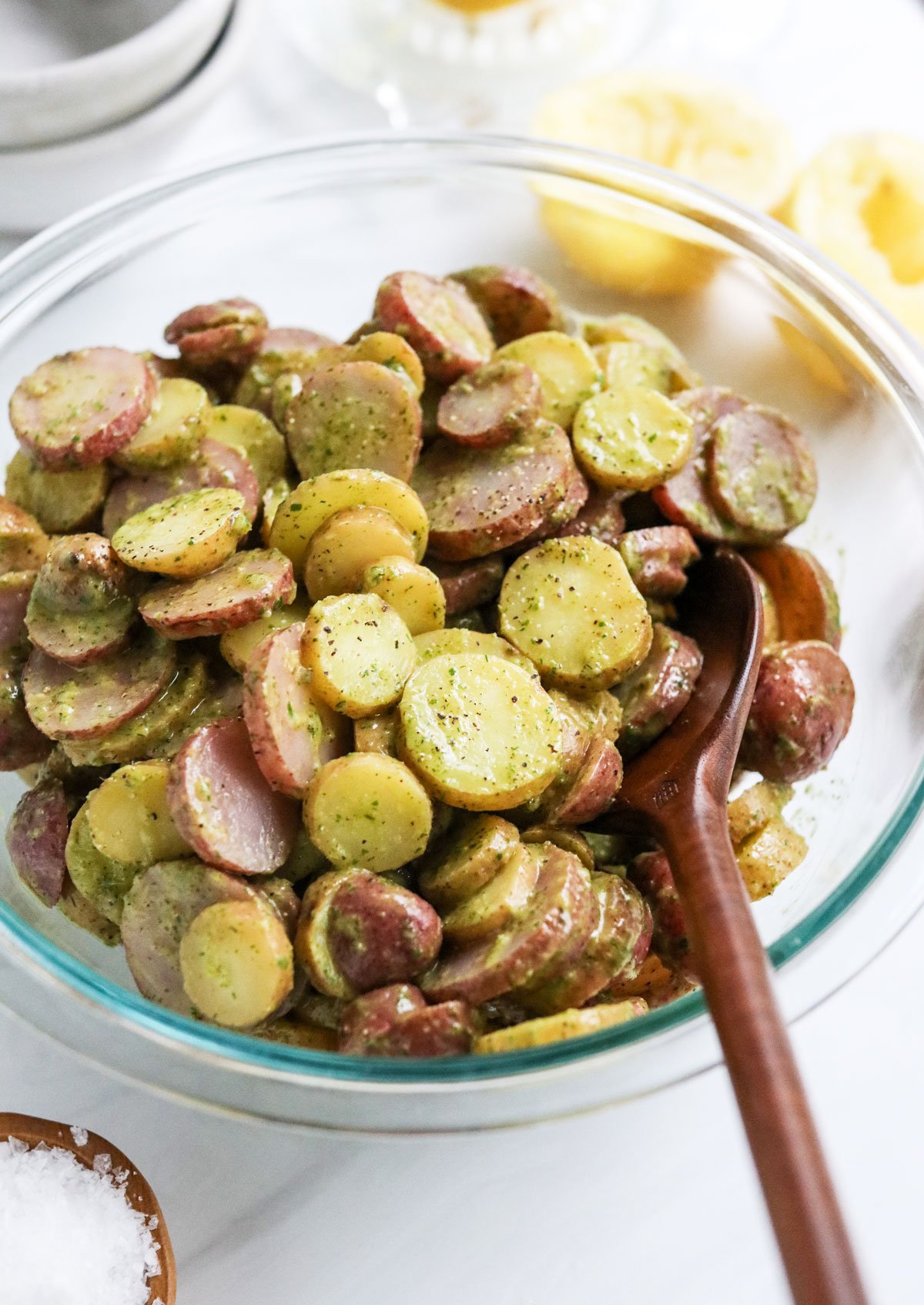 healthy potato salad in glass bowl.