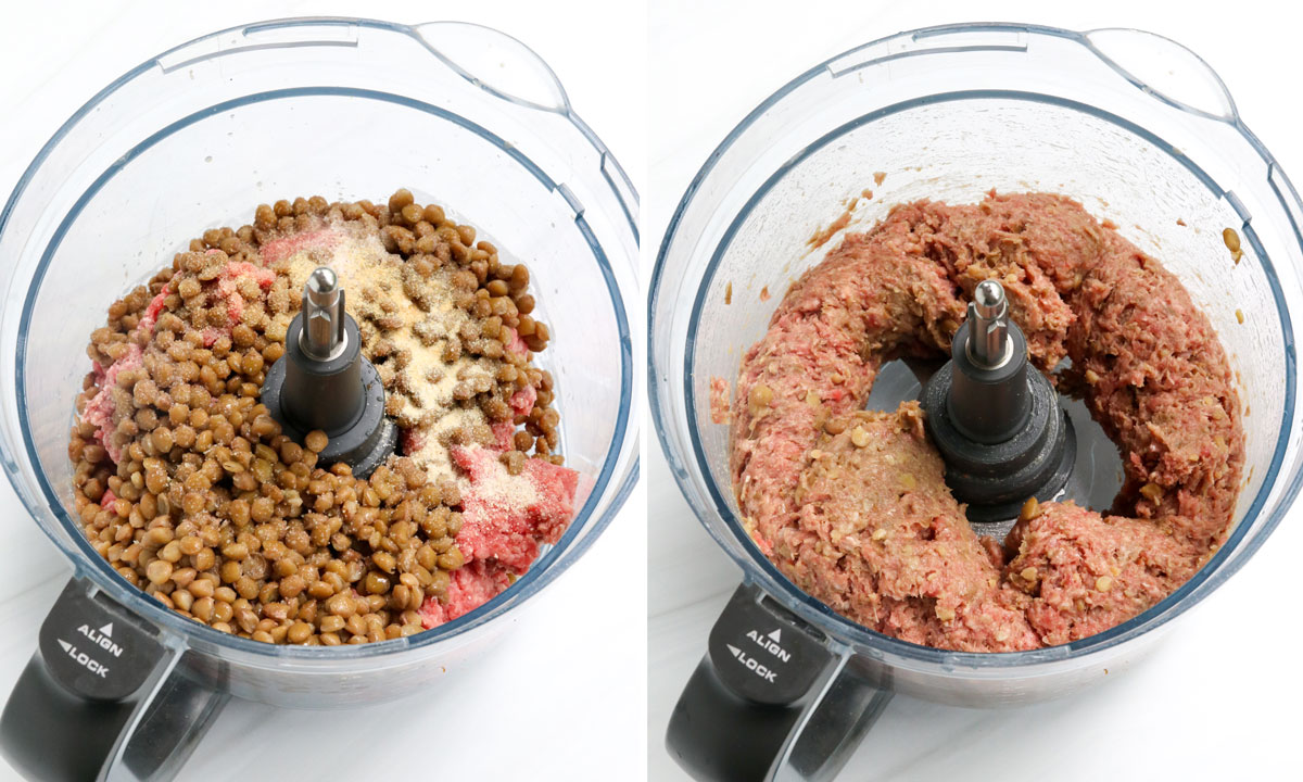 beef and lentils mixed in food processor.