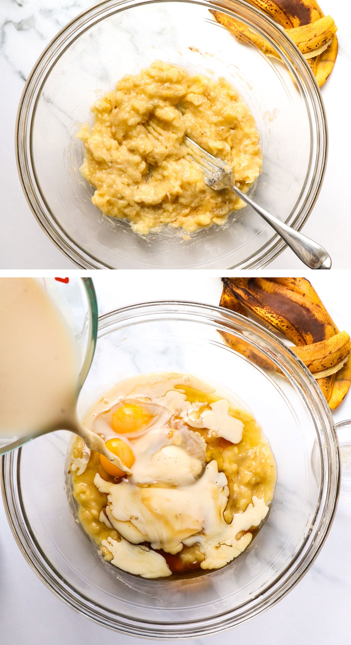 bananas mashed with a fork and wet ingredients added to the bowl. 