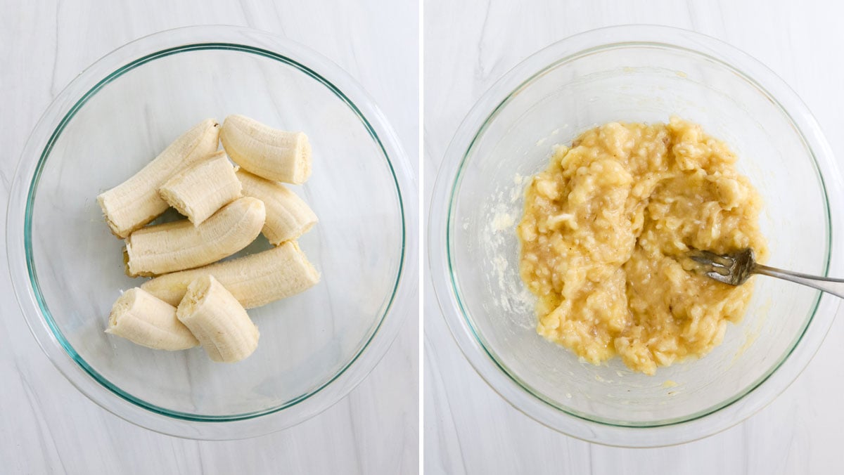 bananas mashed in glass bowl.