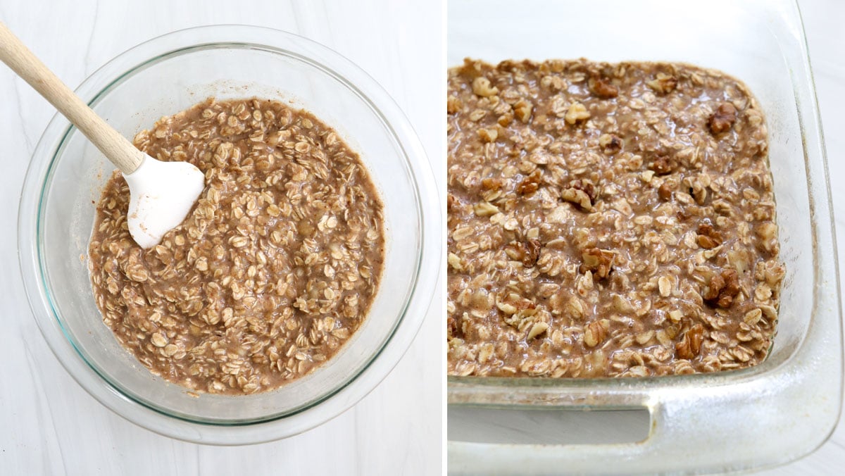 mixed oatmeal pressed into baking dish.