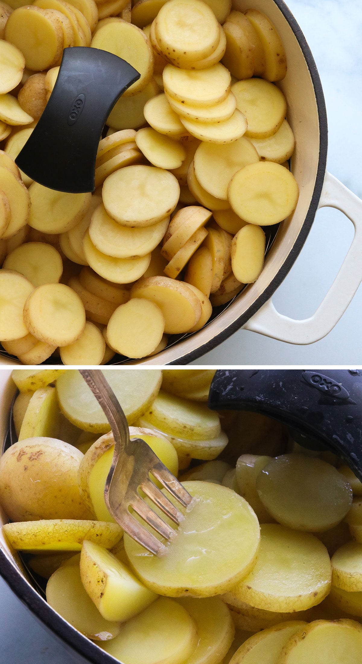 sliced potatoes cooked in a steamer basket in a white pot.