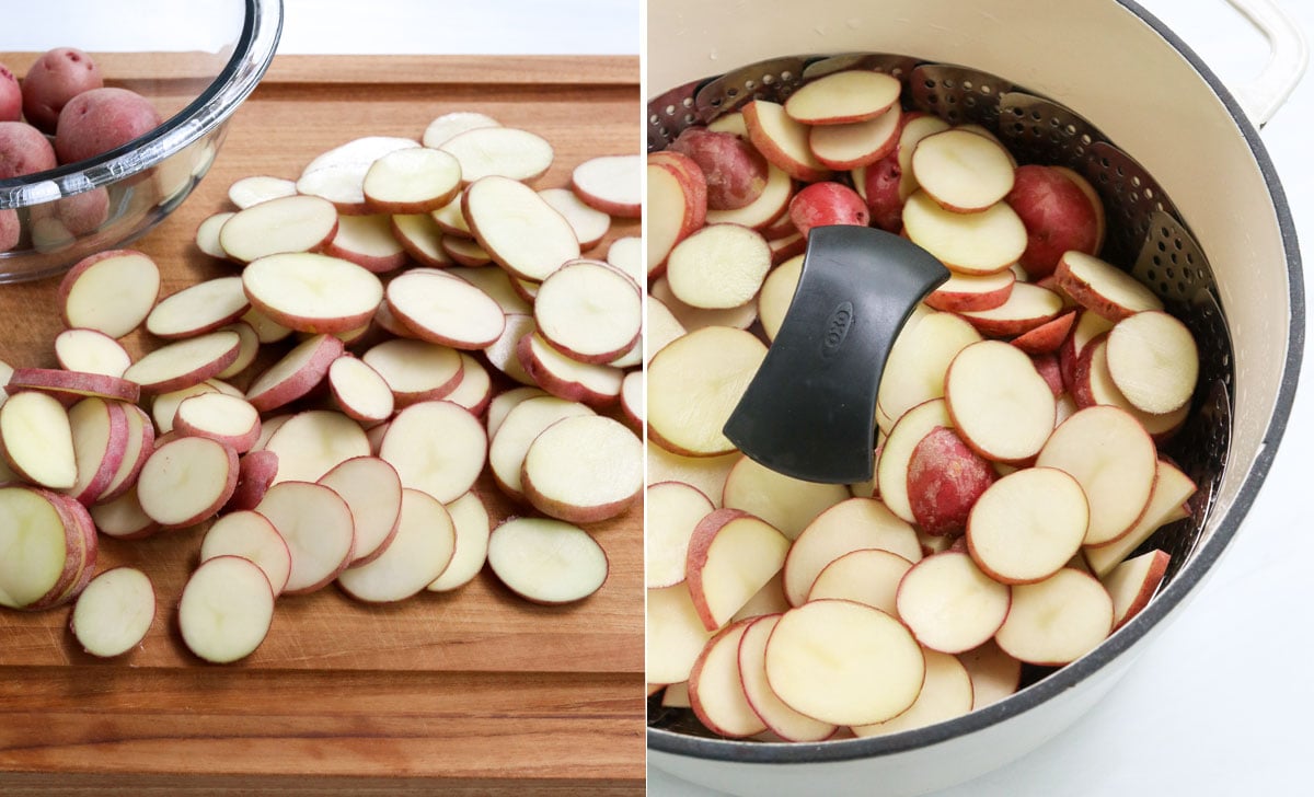 sliced potato prepared for potato salad.