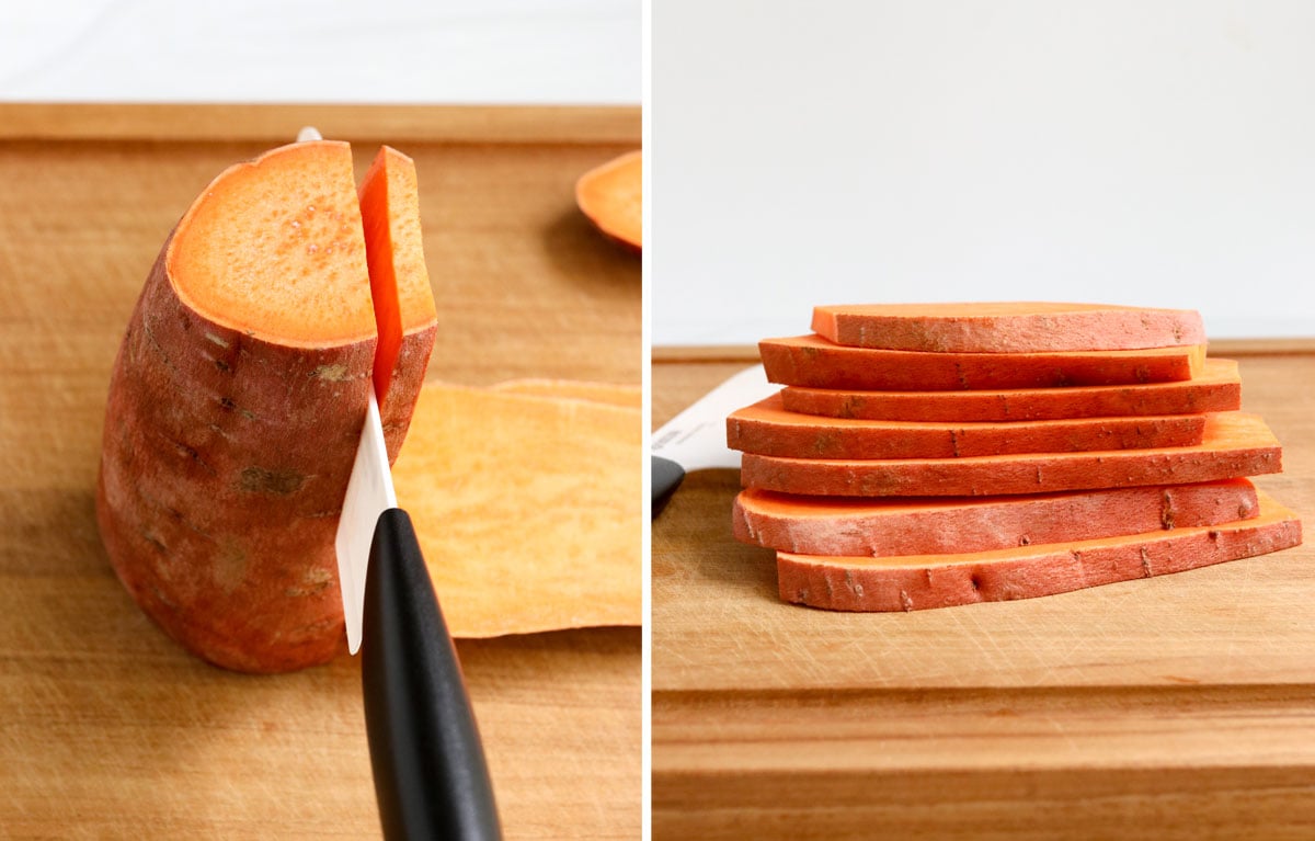 slicing a sweet potato into an even thickness.