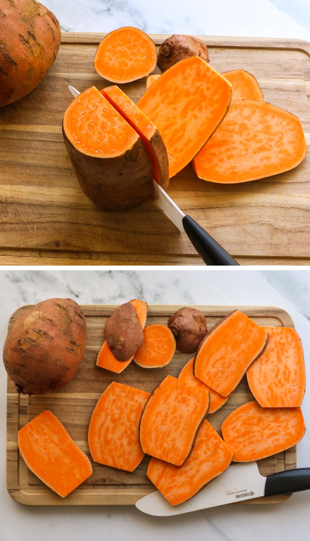sweet potato sliced vertically on a cutting board.
