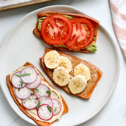 sweet potato toast topped with tomatoes, banana, and radishes.