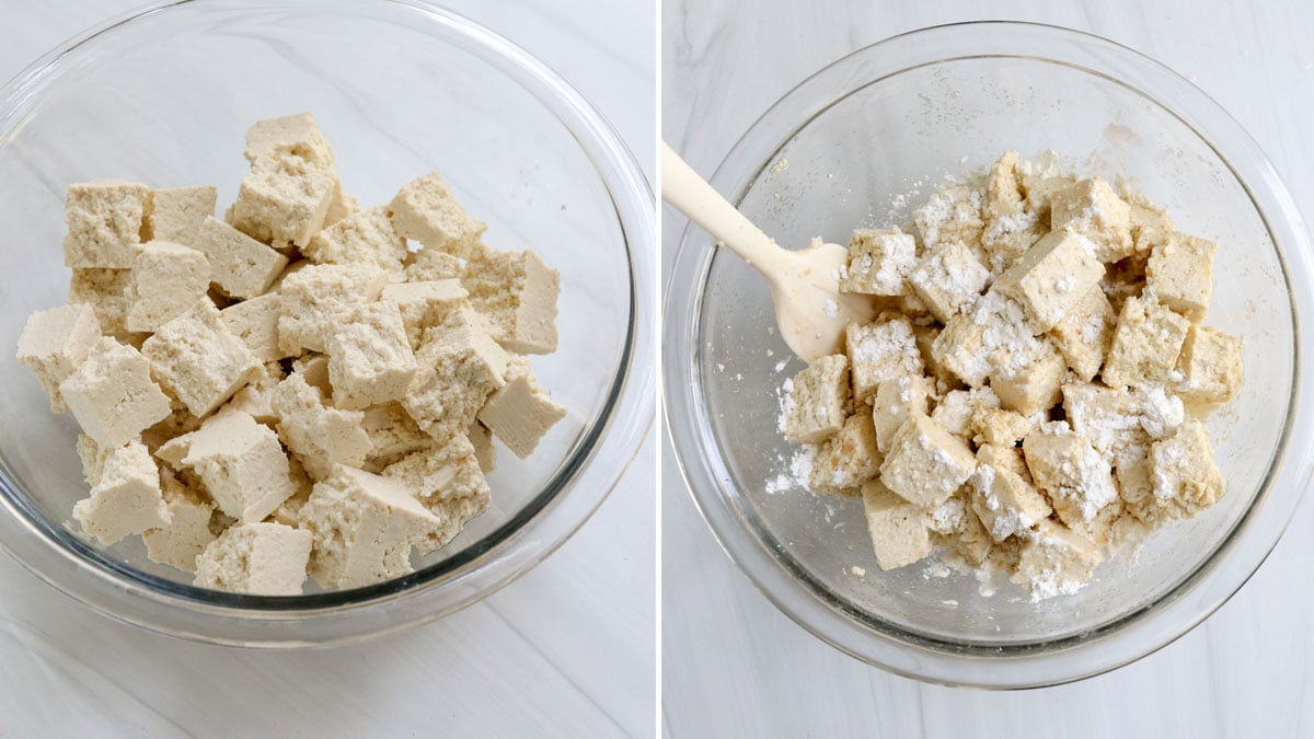 tofu ripped into pieces in mixing bowl.