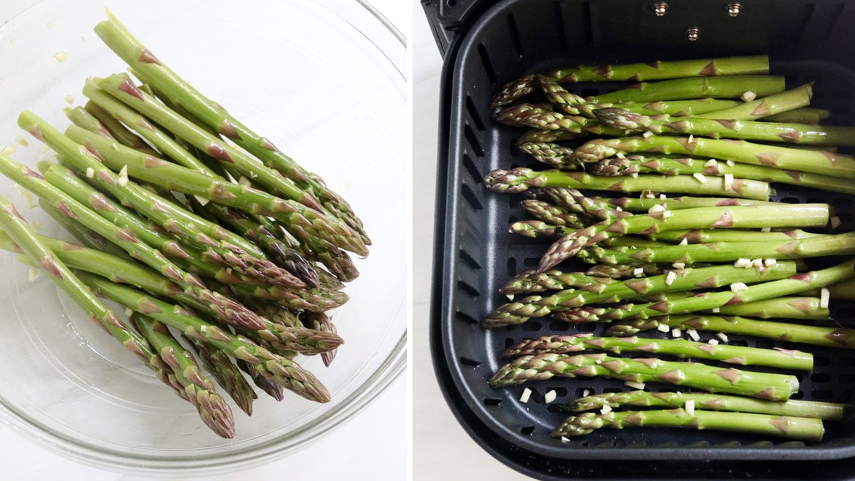 asparagus seasoned in bowl and added to air fryer.
