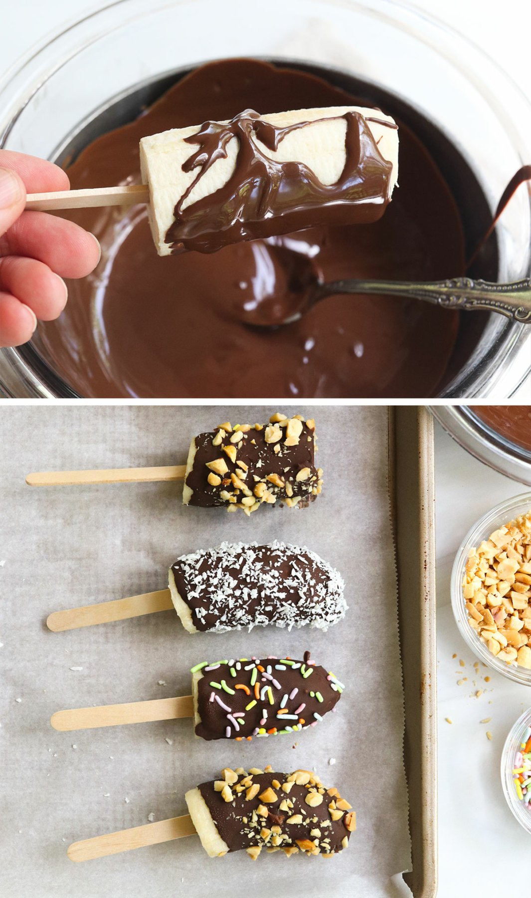 melted chocolate added to frozen banana and coated in toppings.