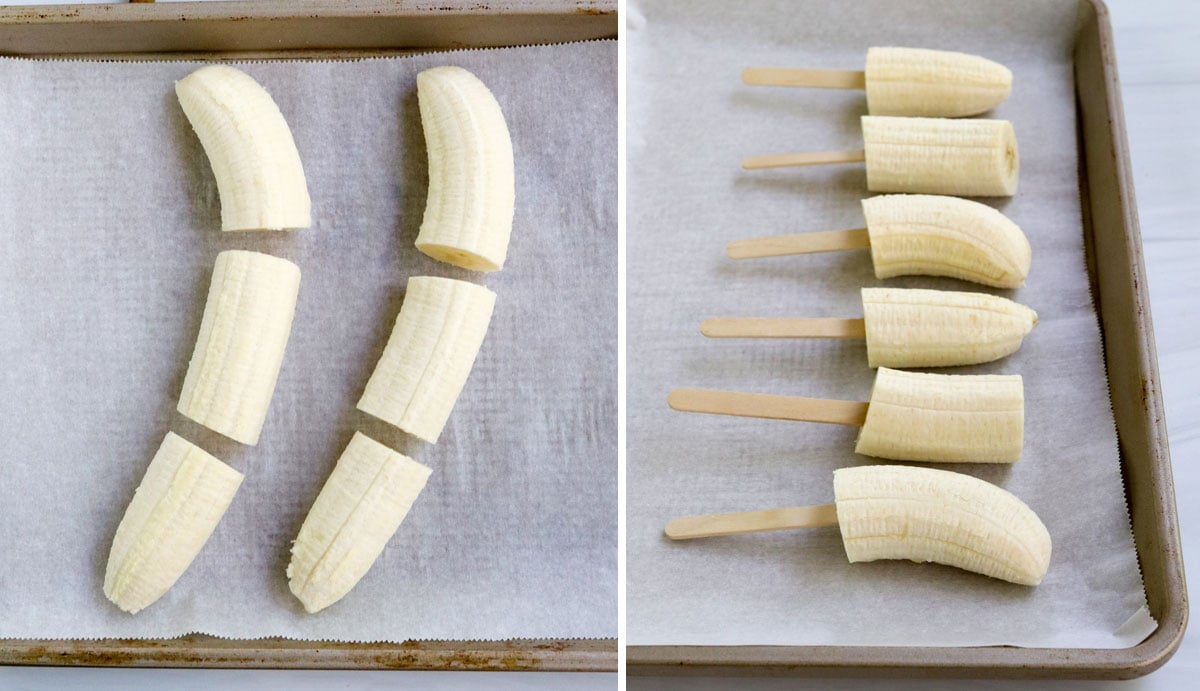 bananas sliced in thirds with popsicle sticks inserted.