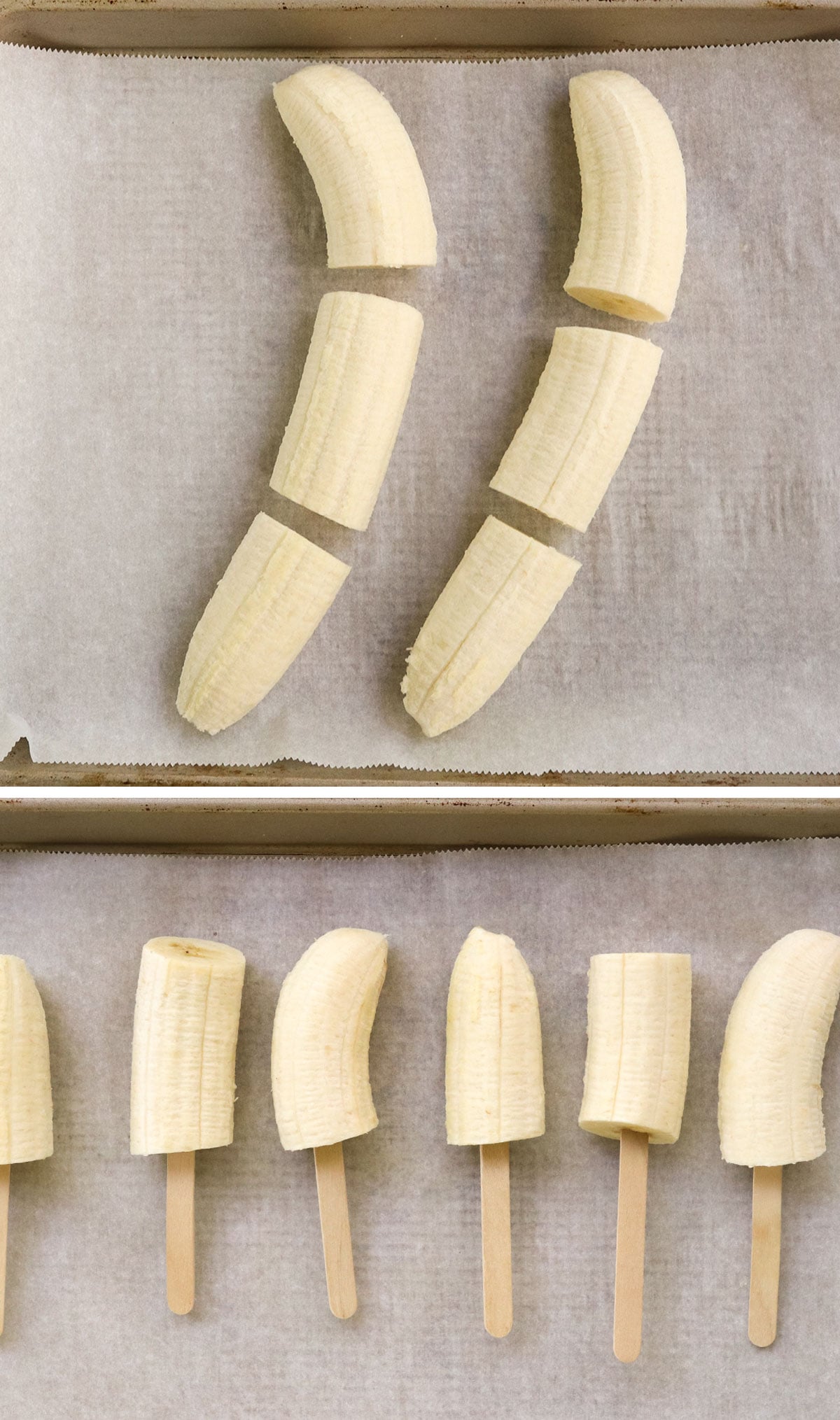 bananas sliced into thirds with popsicle sticks inserted.