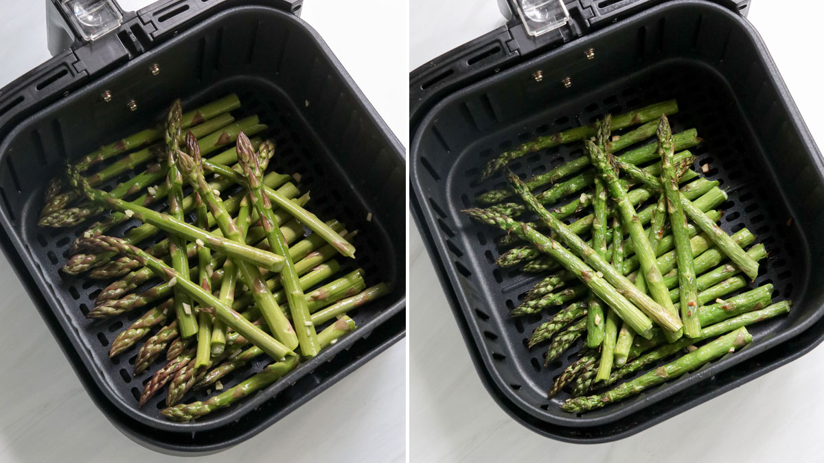 before and after cooking asparagus in the air fryer.